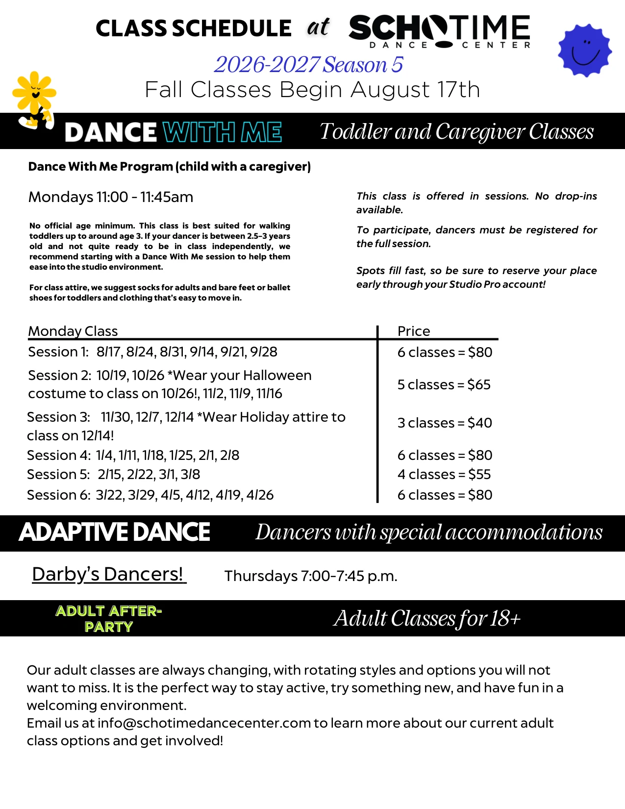 Schotime Dance Center 2026-2027 Season 5 class schedule, page 1: Dance With Me toddler and caregiver session dates and pricing, Adaptive Dance and Adult After-Party classes.